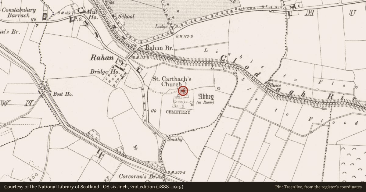 Ordnance Survey six-inch map, 2nd edition (1888–1915) covering the location of Graveslab, Rahan Demesne, County Offaly, with a pin at the register's coordinates