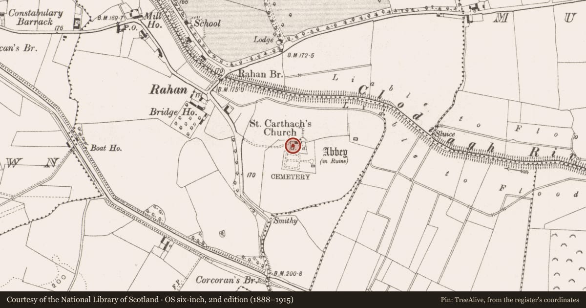 Ordnance Survey six-inch map, 2nd edition (1888–1915) covering the location of Graveslab, Rahan Demesne, County Offaly, with a pin at the register's coordinates