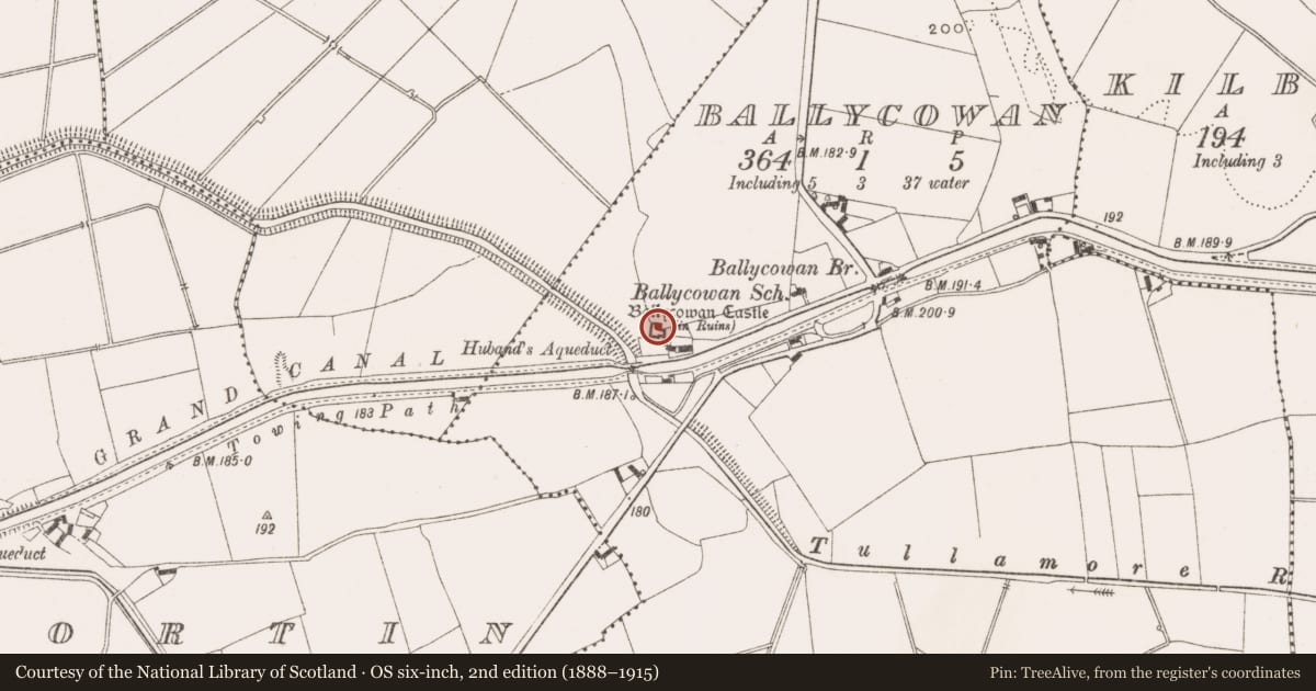 Ordnance Survey six-inch map, 2nd edition (1888–1915) covering the location of House - fortified house, Ballycowan, County Offaly, with a pin at the register's coordinates