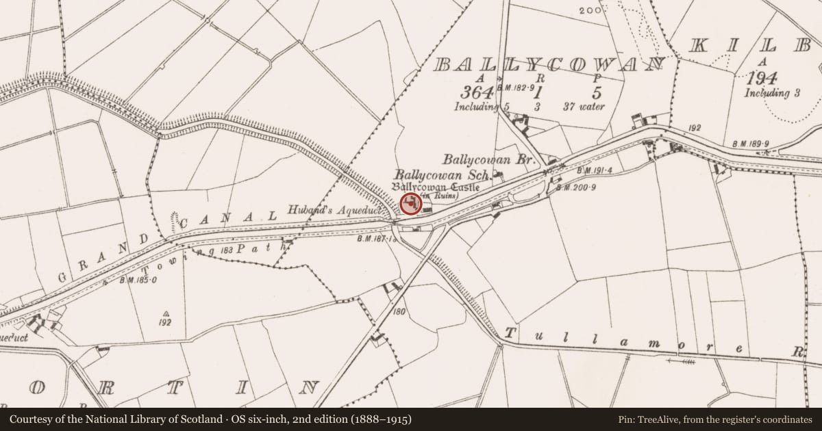 Ordnance Survey six-inch map, 2nd edition (1888–1915) covering the location of Bawn, Ballycowan, County Offaly, with a pin at the register's coordinates