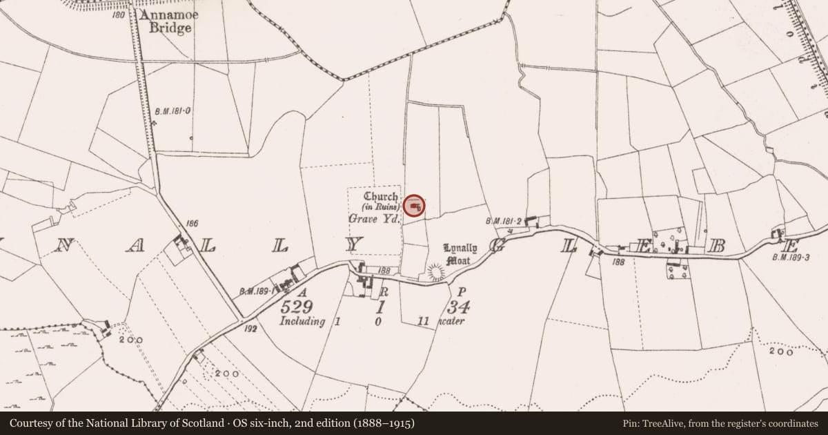 Ordnance Survey six-inch map, 2nd edition (1888–1915) covering the location of Church, Lynally Glebe, County Offaly, with a pin at the register's coordinates