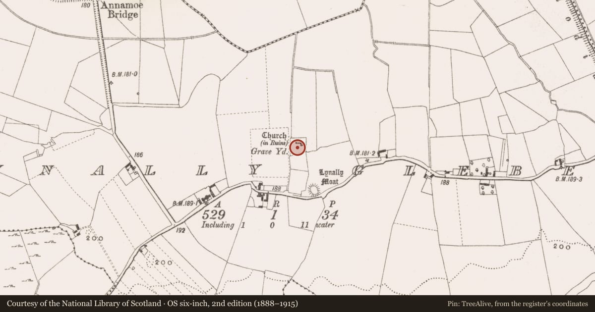 Ordnance Survey six-inch map, 2nd edition (1888–1915) covering the location of Graveyard, Lynally Glebe, County Offaly, with a pin at the register's coordinates