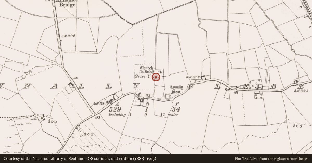 Ordnance Survey six-inch map, 2nd edition (1888–1915) covering the location of Cross-slab, Lynally Glebe, County Offaly, with a pin at the register's coordinates