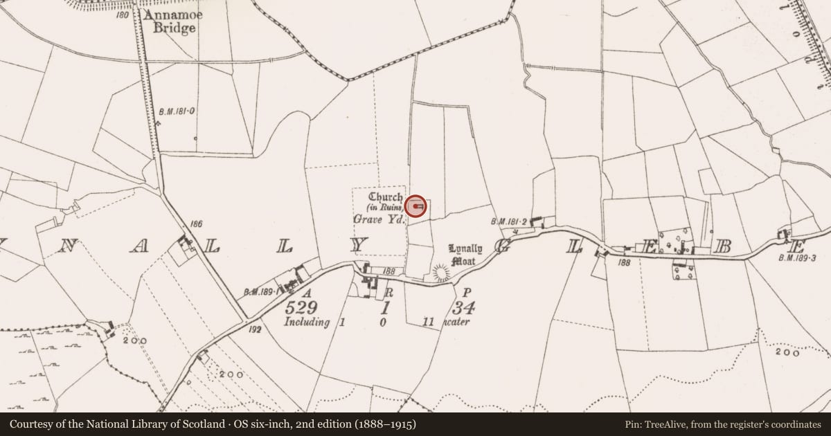 Ordnance Survey six-inch map, 2nd edition (1888–1915) covering the location of Wall monument, Lynally Glebe, County Offaly, with a pin at the register's coordinates