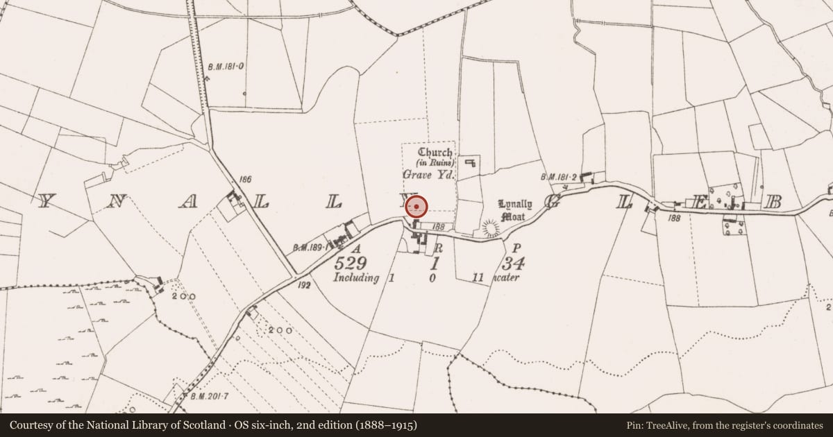 Ordnance Survey six-inch map, 2nd edition (1888–1915) covering the location of Ritual site - holy well, Lynally Glebe, County Offaly, with a pin at the register's coordinates