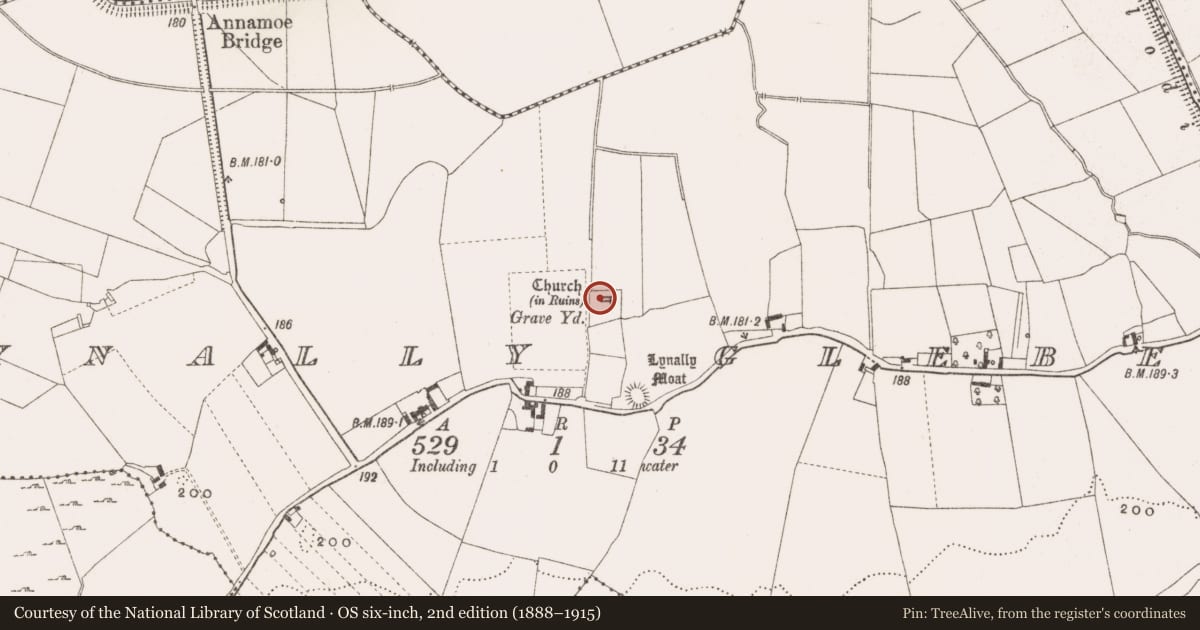 Ordnance Survey six-inch map, 2nd edition (1888–1915) covering the location of Wall monument, Lynally Glebe, County Offaly, with a pin at the register's coordinates