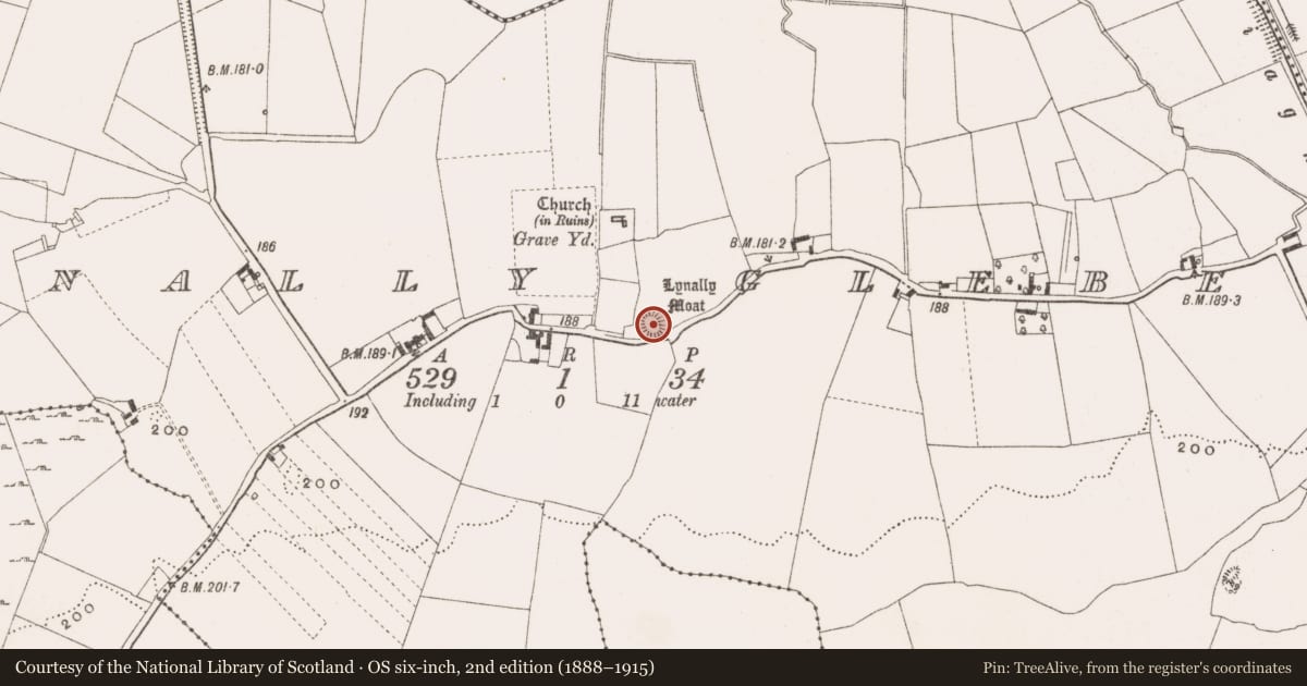 Ordnance Survey six-inch map, 2nd edition (1888–1915) covering the location of Castle - unclassified, Lynally Glebe, County Offaly, with a pin at the register's coordinates