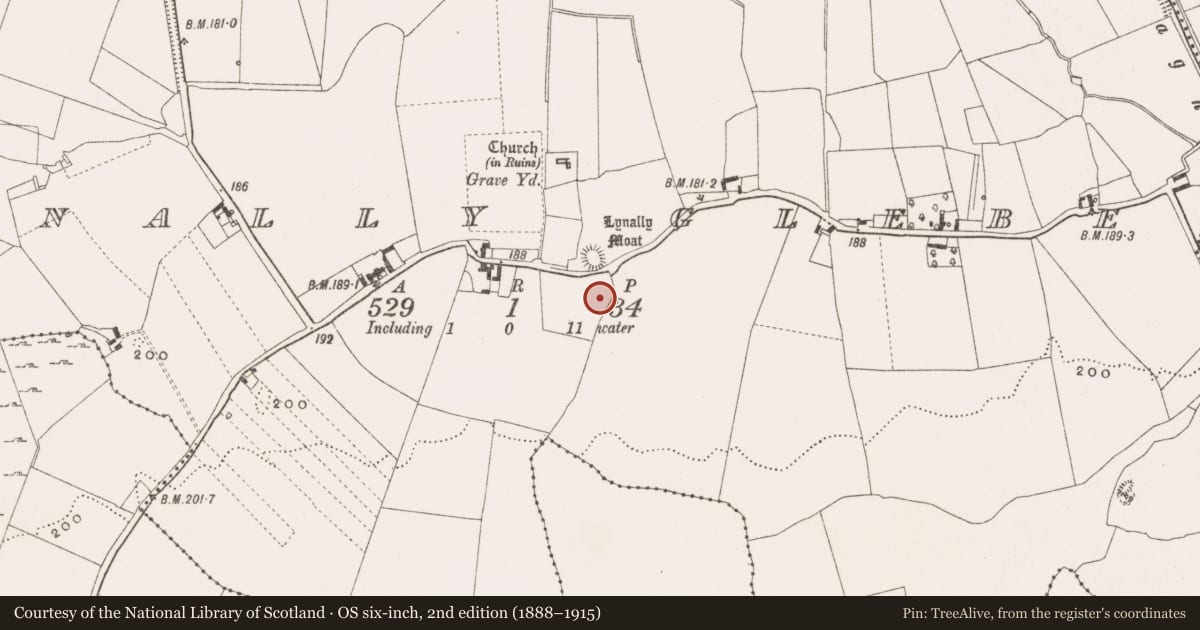 Ordnance Survey six-inch map, 2nd edition (1888–1915) covering the location of Cross-slab, Lynally Glebe, County Offaly, with a pin at the register's coordinates