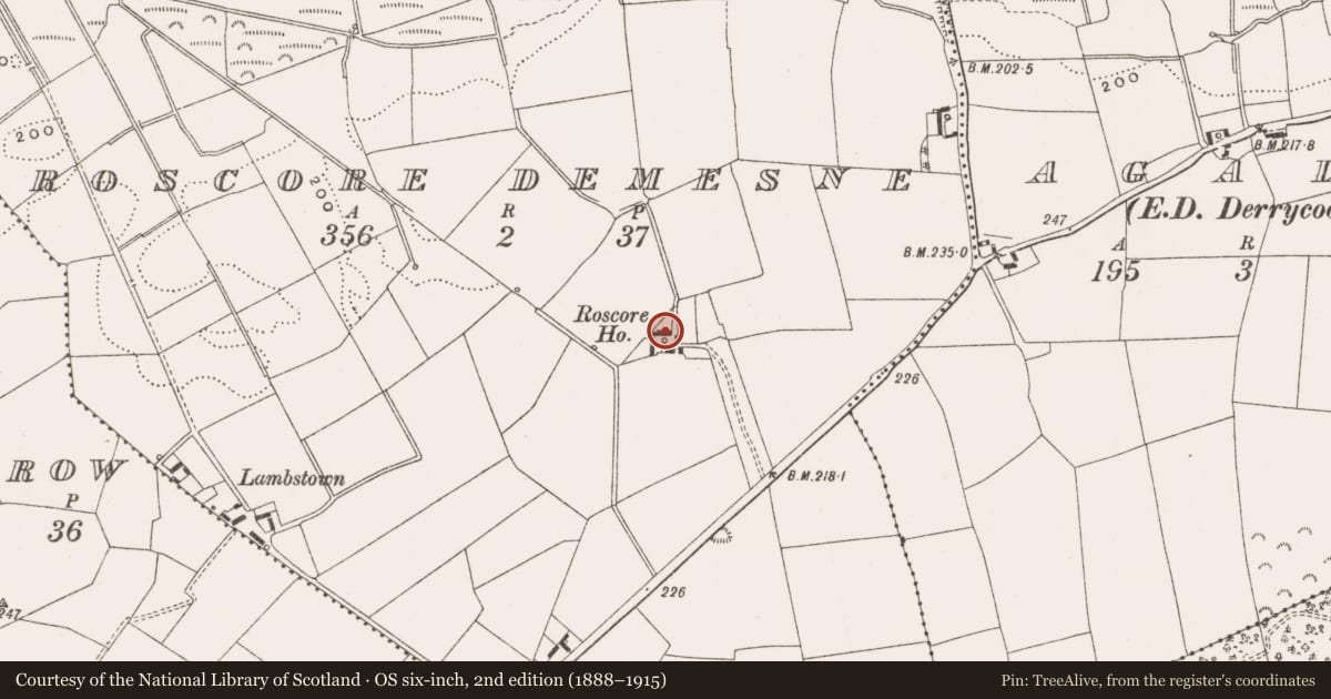 Ordnance Survey six-inch map, 2nd edition (1888–1915) covering the location of House - fortified house, Roscore Demesne, County Offaly, with a pin at the register's coordinates