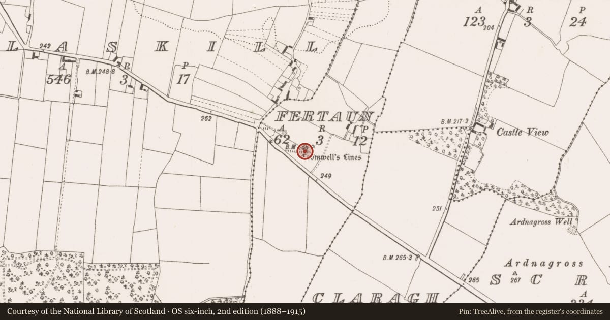 Ordnance Survey six-inch map, 2nd edition (1888–1915) covering the location of Linear earthwork, Claragh, Fertaun, County Offaly, with a pin at the register's coordinates