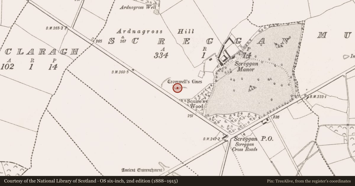 Ordnance Survey six-inch map, 2nd edition (1888–1915) covering the location of Linear earthwork, Screggan, County Offaly, with a pin at the register's coordinates