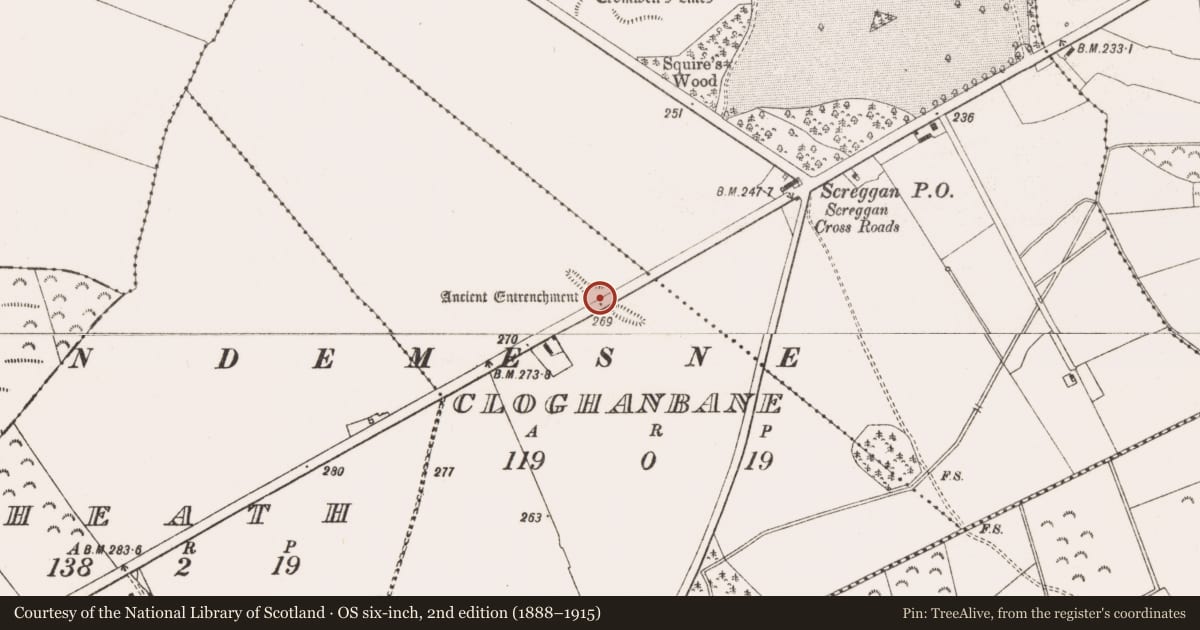 Ordnance Survey six-inch map, 2nd edition (1888–1915) covering the location of Linear earthwork, Cloghanbane, County Offaly, with a pin at the register's coordinates