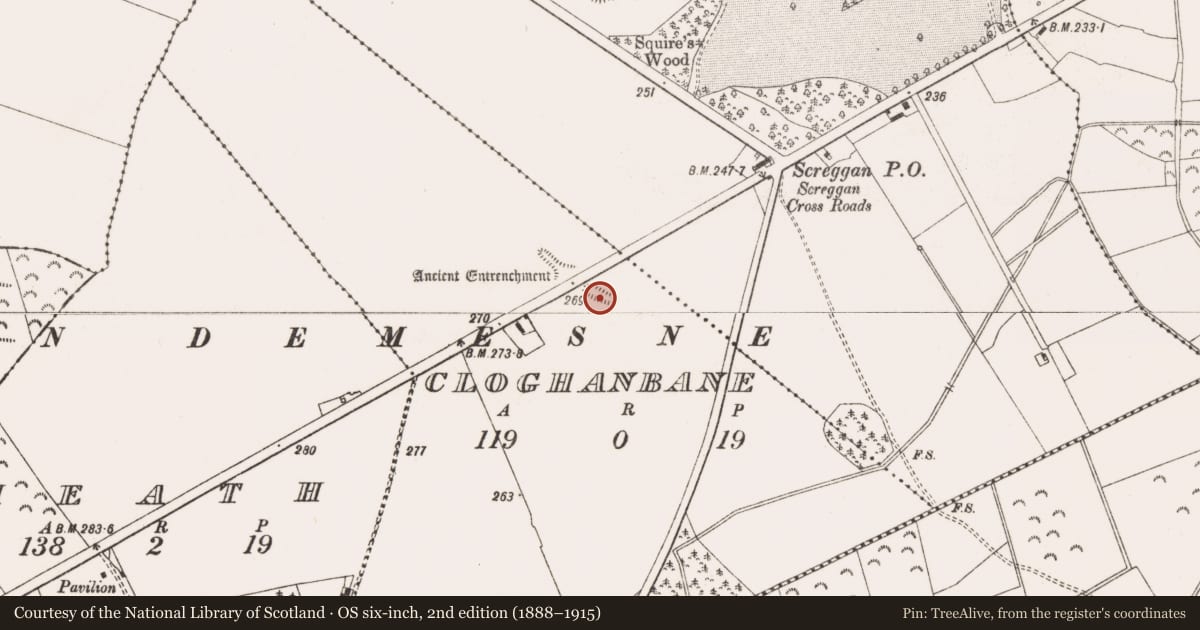Ordnance Survey six-inch map, 2nd edition (1888–1915) covering the location of Enclosure, Cloghanbane, County Offaly, with a pin at the register's coordinates