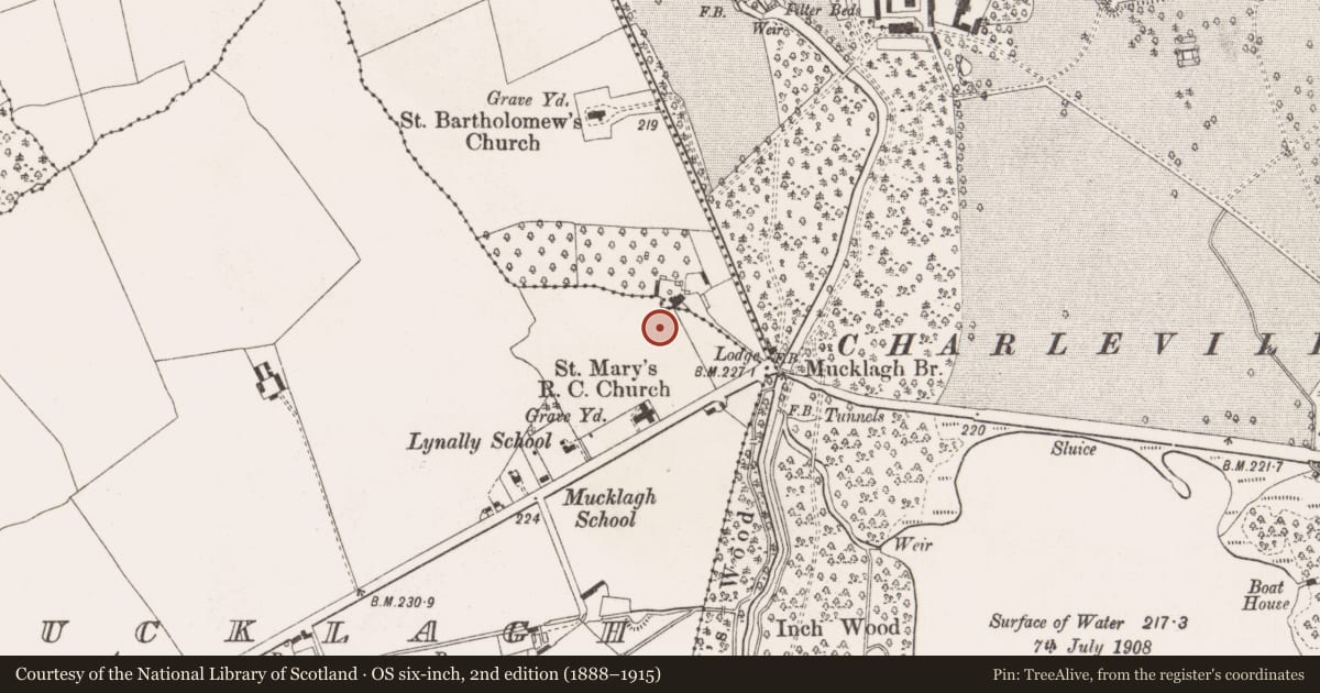 Ordnance Survey six-inch map, 2nd edition (1888–1915) covering the location of Metalworking site, Mucklagh, County Offaly, with a pin at the register's coordinates