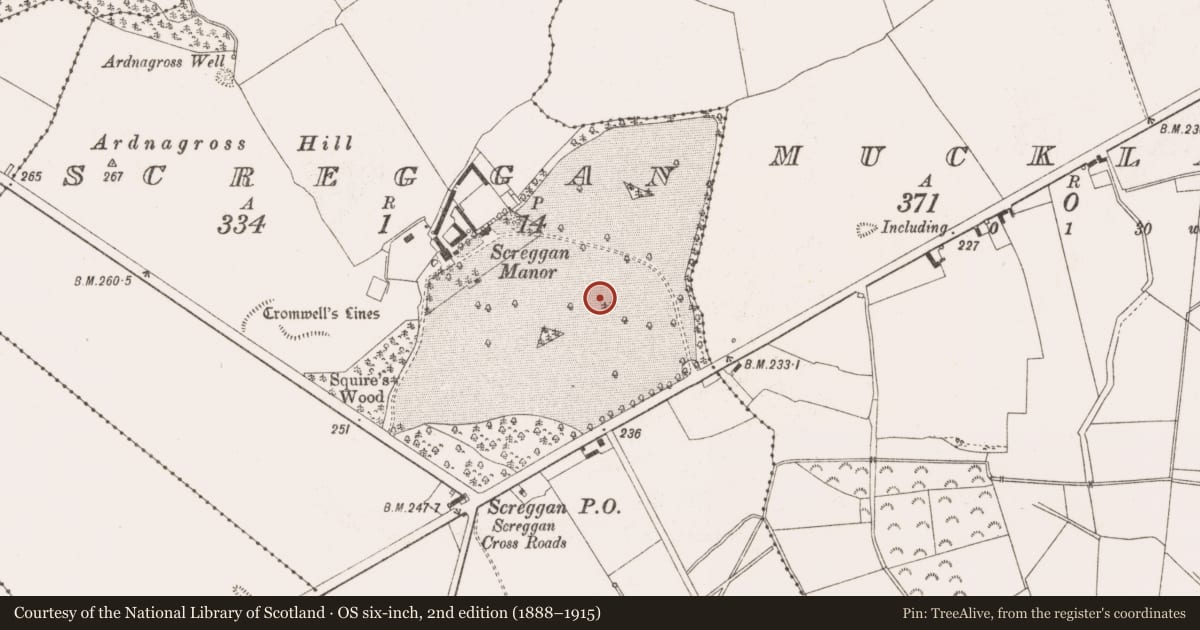 Ordnance Survey six-inch map, 2nd edition (1888–1915) covering the location of Earthwork, Screggan, County Offaly, with a pin at the register's coordinates