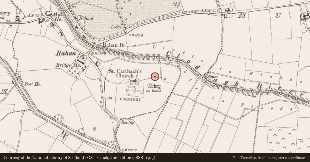 Ordnance Survey six-inch map, 2nd edition (1888–1915) covering the location of Barrow - ditch barrow, Rahan Demesne, County Offaly, with a pin at the register's coordinates
