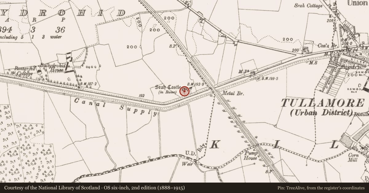 Ordnance Survey six-inch map, 2nd edition (1888–1915) covering the location of House - 17th century, Ballydrohid, County Offaly, with a pin at the register's coordinates