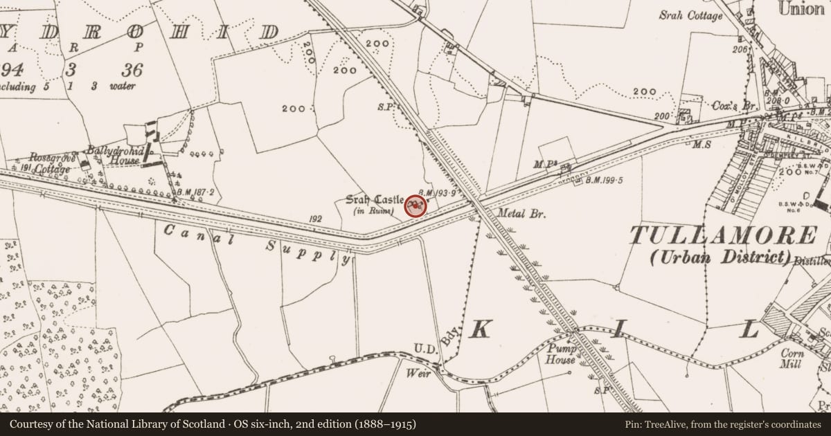 Ordnance Survey six-inch map, 2nd edition (1888–1915) covering the location of Bawn, Ballydrohid, County Offaly, with a pin at the register's coordinates