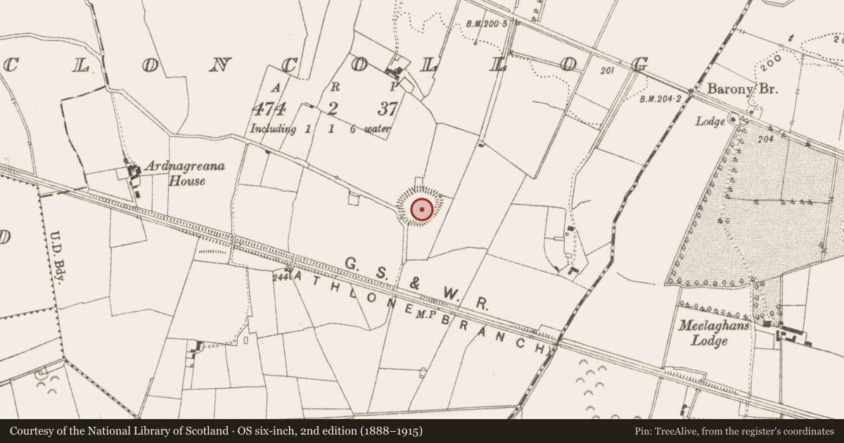 Ordnance Survey six-inch map, 2nd edition (1888–1915) covering the location of Ringfort - rath, Cloncollog, County Offaly, with a pin at the register's coordinates