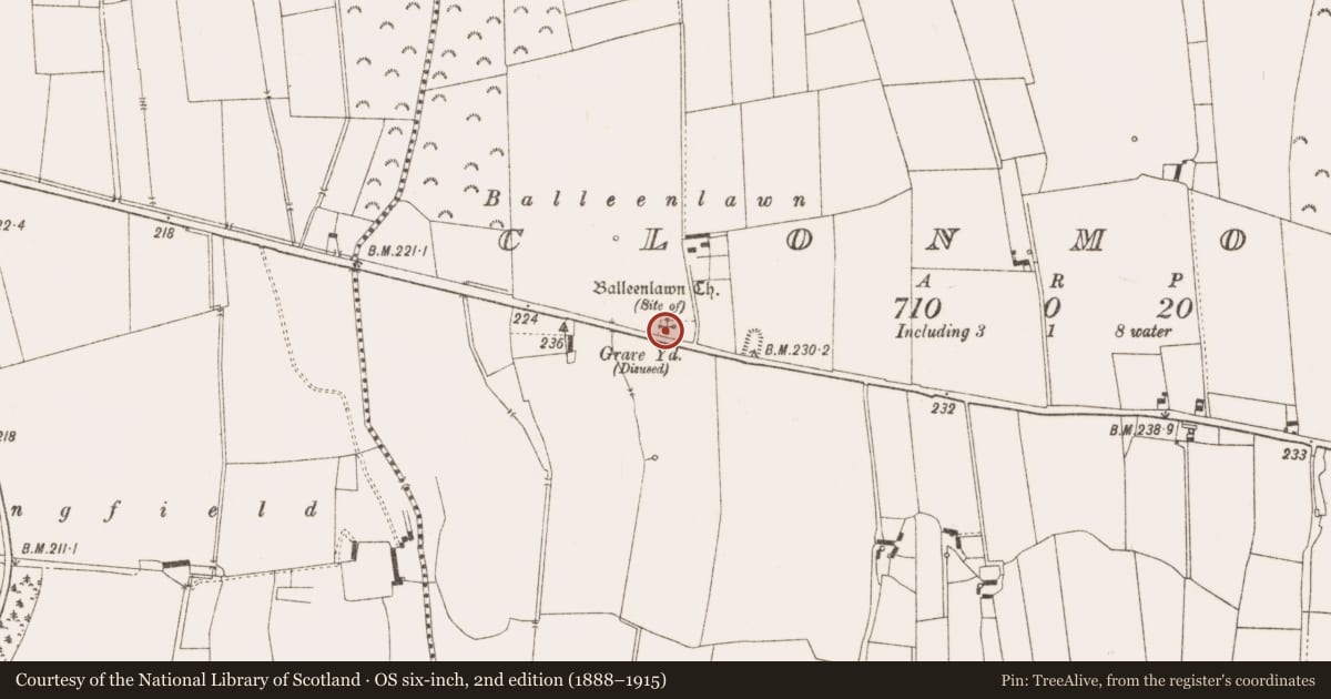 Ordnance Survey six-inch map, 2nd edition (1888–1915) covering the location of Graveyard, Clonmore, County Offaly, with a pin at the register's coordinates