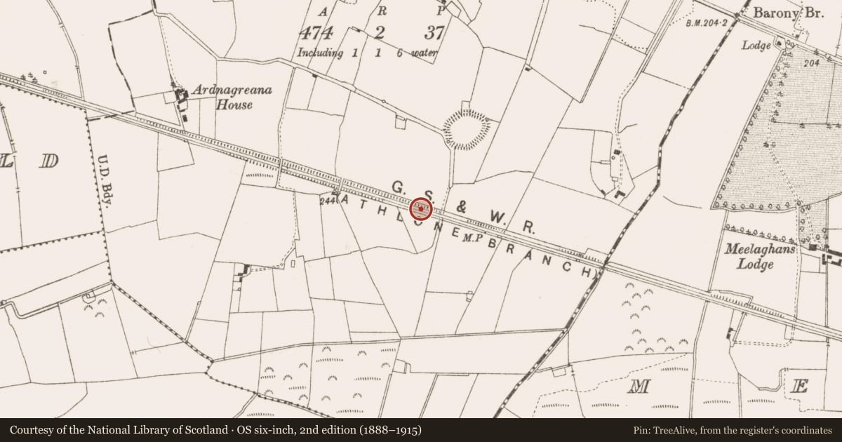Ordnance Survey six-inch map, 2nd edition (1888–1915) covering the location of Metalworking site, Cloncollog, County Offaly, with a pin at the register's coordinates