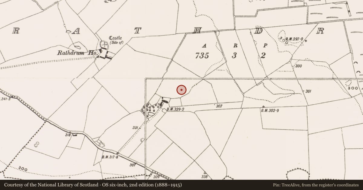 Ordnance Survey six-inch map, 2nd edition (1888–1915) covering the location of Enclosure, Rathdrum, County Offaly, with a pin at the register's coordinates