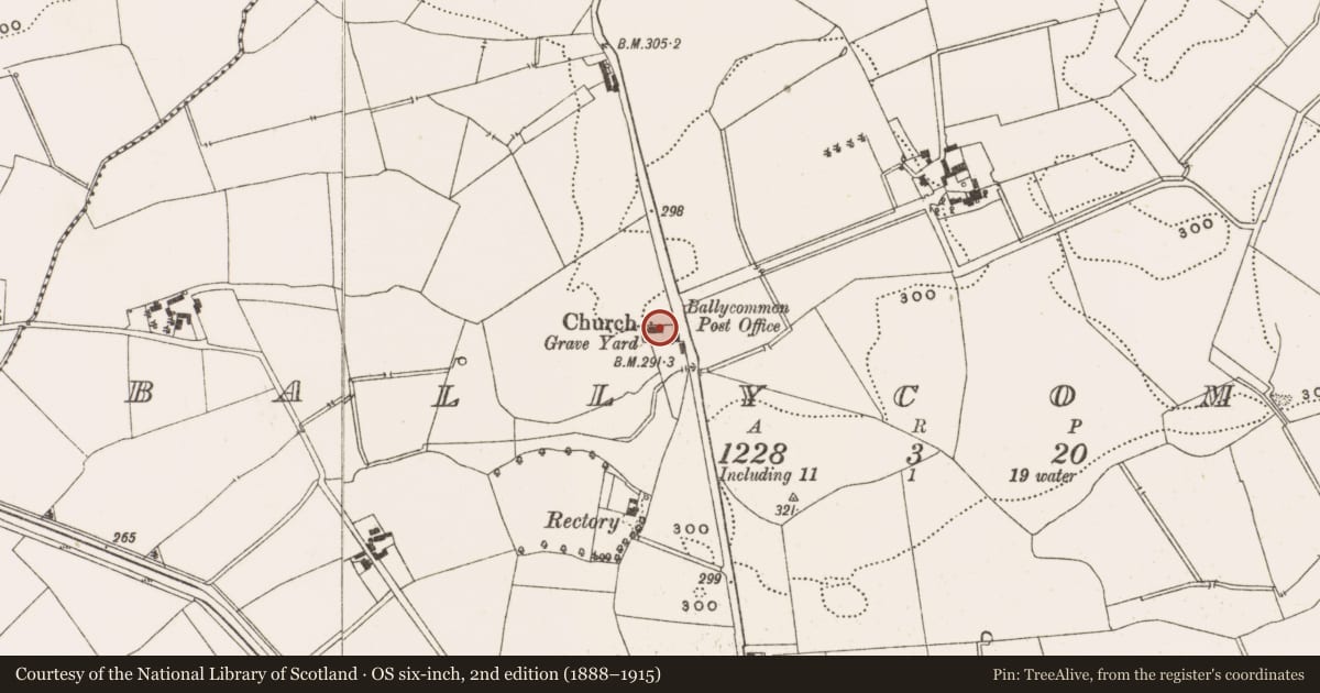 Ordnance Survey six-inch map, 2nd edition (1888–1915) covering the location of Church, Ballycommon, County Offaly, with a pin at the register's coordinates