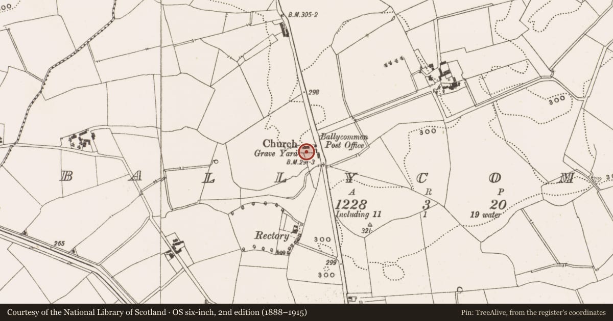 Ordnance Survey six-inch map, 2nd edition (1888–1915) covering the location of Graveyard, Ballycommon, County Offaly, with a pin at the register's coordinates