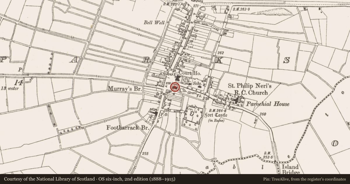Ordnance Survey six-inch map, 2nd edition (1888–1915) covering the location of Church, Townparks, County Offaly, with a pin at the register's coordinates