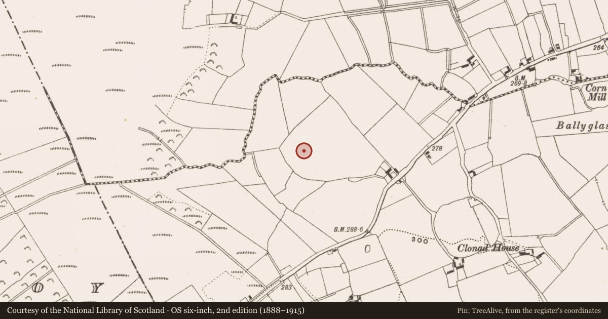 Ordnance Survey six-inch map, 2nd edition (1888–1915) covering the location of Enclosure, Clonad, County Offaly, with a pin at the register's coordinates