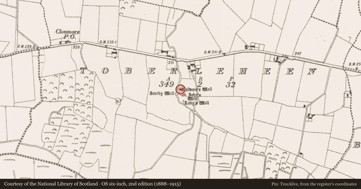 Ordnance Survey six-inch map, 2nd edition (1888–1915) covering the location of Ritual site - holy well, Toberleheen, County Offaly, with a pin at the register's coordinates