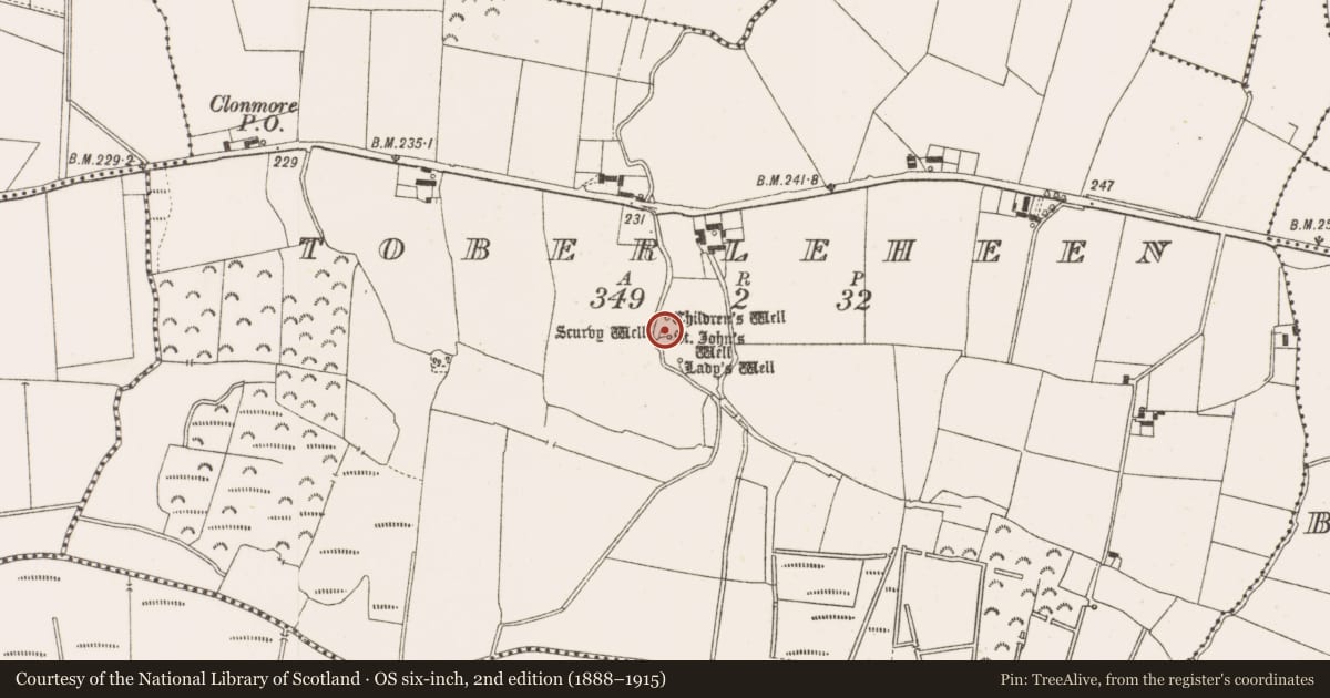 Ordnance Survey six-inch map, 2nd edition (1888–1915) covering the location of Ritual site - holy well, Toberleheen, County Offaly, with a pin at the register's coordinates