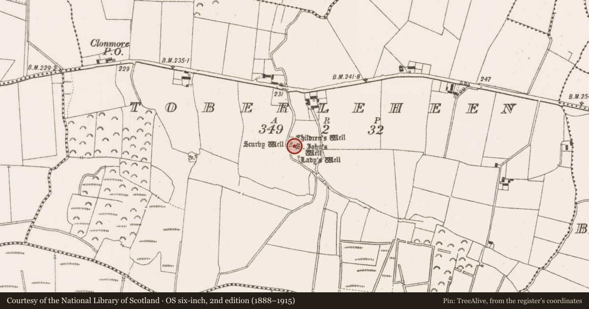 Ordnance Survey six-inch map, 2nd edition (1888–1915) covering the location of Ritual site - holy well, Toberleheen, County Offaly, with a pin at the register's coordinates