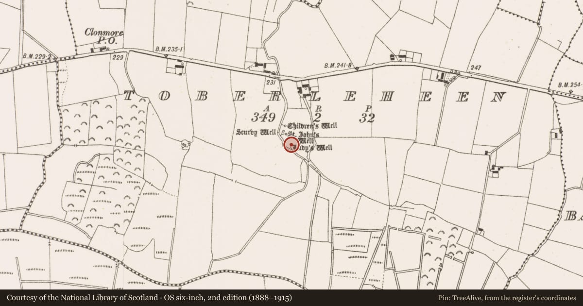 Ordnance Survey six-inch map, 2nd edition (1888–1915) covering the location of Ritual site - holy well, Toberleheen, County Offaly, with a pin at the register's coordinates