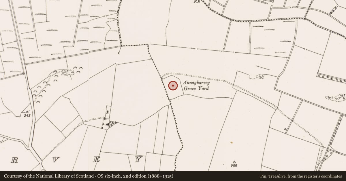 Ordnance Survey six-inch map, 2nd edition (1888–1915) covering the location of Church, Ballymooney, County Offaly, with a pin at the register's coordinates