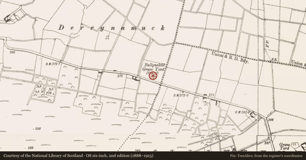 Ordnance Survey six-inch map, 2nd edition (1888–1915) covering the location of Burial ground, Ballynakill, County Offaly, with a pin at the register's coordinates