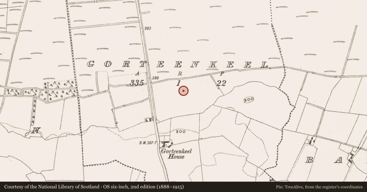 Ordnance Survey six-inch map, 2nd edition (1888–1915) covering the location of Enclosure, Gorteenkeel, County Offaly, with a pin at the register's coordinates