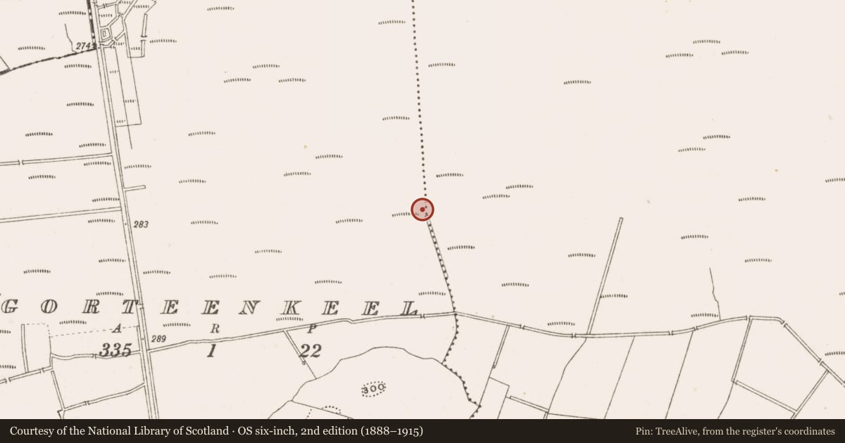 Ordnance Survey six-inch map, 2nd edition (1888–1915) covering the location of Structure - peatland, Gorteenkeel, County Offaly, with a pin at the register's coordinates
