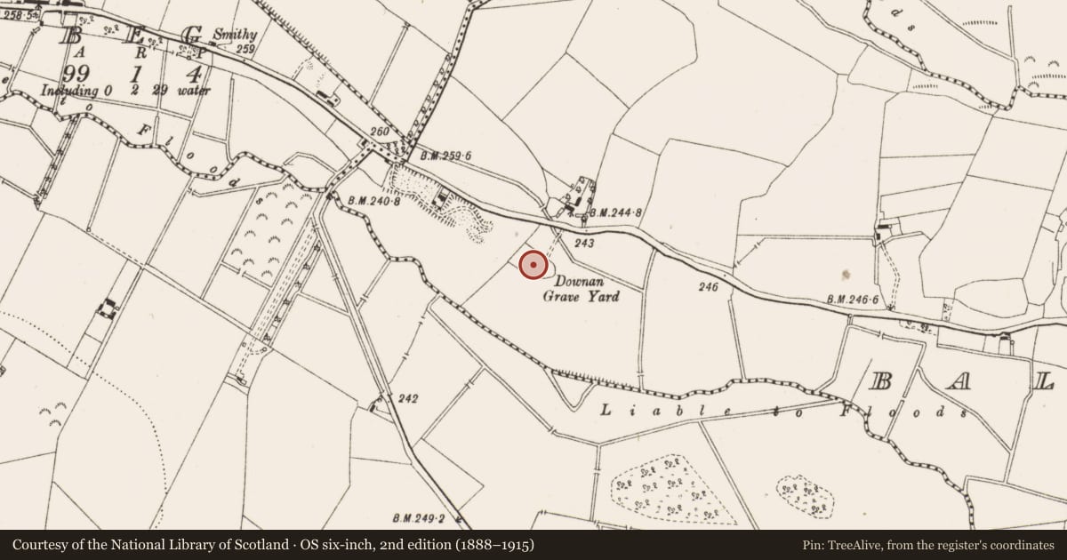 Ordnance Survey six-inch map, 2nd edition (1888–1915) covering the location of Graveyard, Ballycon, County Offaly, with a pin at the register's coordinates