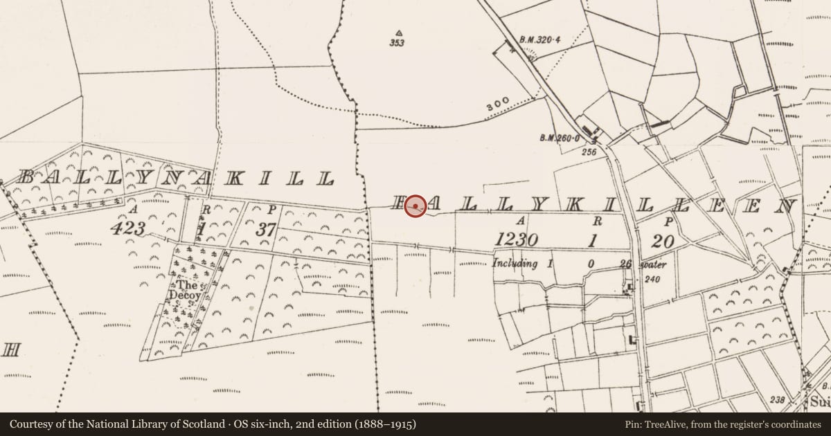 Ordnance Survey six-inch map, 2nd edition (1888–1915) covering the location of Enclosure, Ballykilleen, County Offaly, with a pin at the register's coordinates