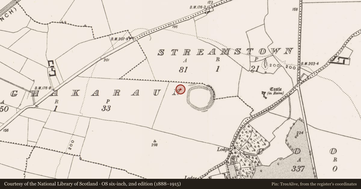 Ordnance Survey six-inch map, 2nd edition (1888–1915) covering the location of Enclosure, Mullaghakaraun, County Offaly, with a pin at the register's coordinates