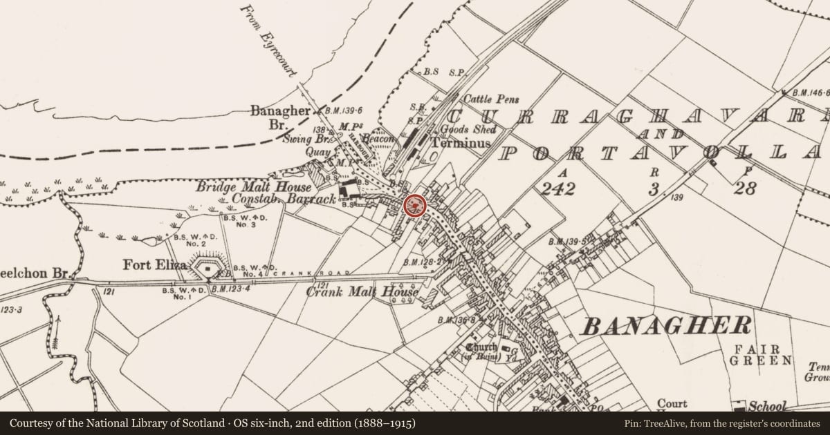 Ordnance Survey six-inch map, 2nd edition (1888–1915) covering the location of Historic town, Curraghavarna And Portavrolla, Kylebeg Or Banagher, County Offaly, with a pin at the register's coordinates