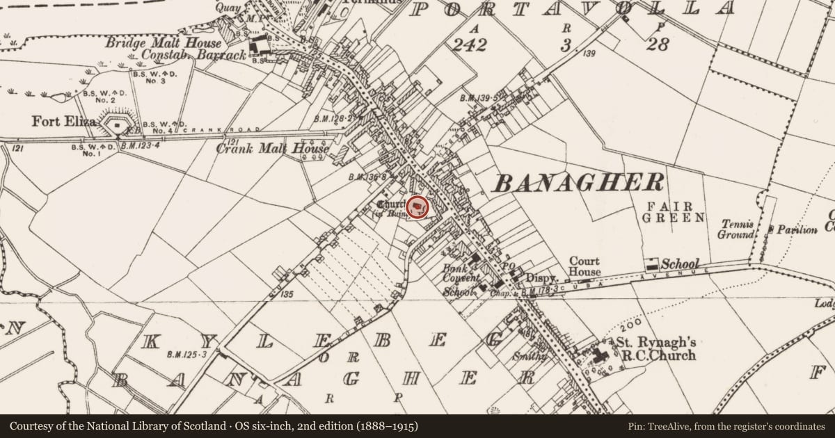 Ordnance Survey six-inch map, 2nd edition (1888–1915) covering the location of Graveslab, Kylebeg Or Banagher, County Offaly, with a pin at the register's coordinates