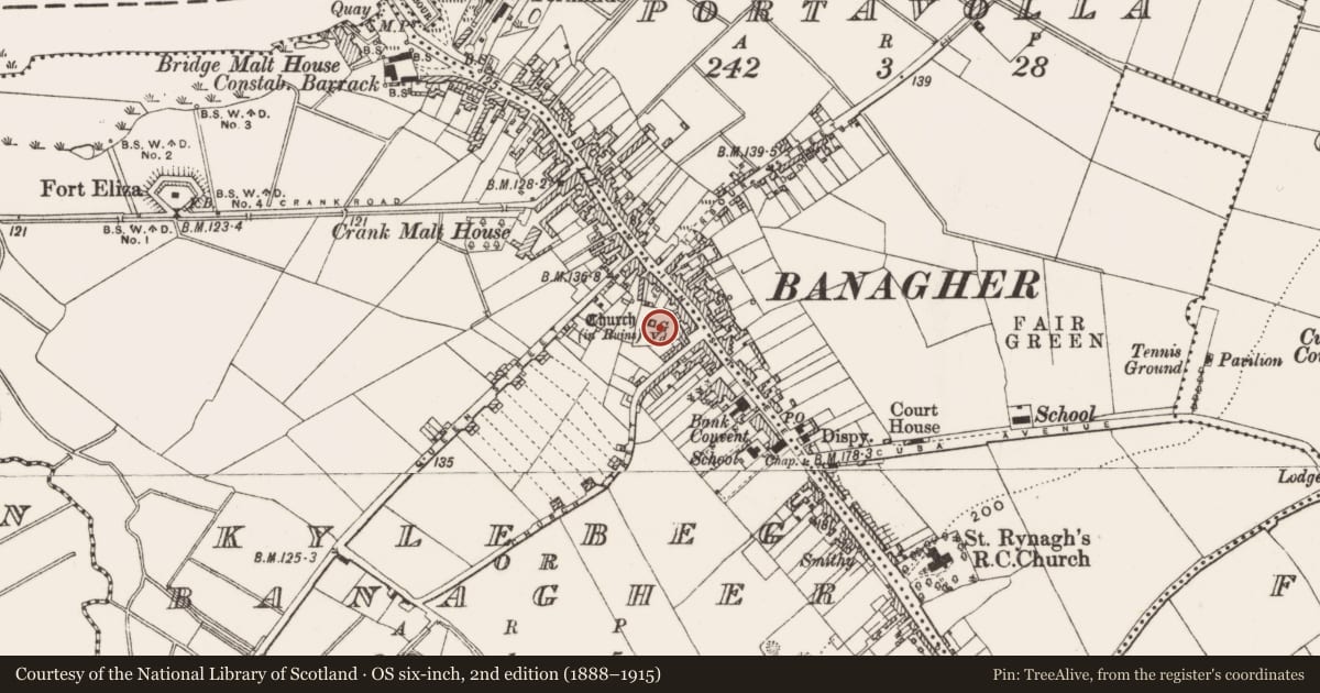 Ordnance Survey six-inch map, 2nd edition (1888–1915) covering the location of Cross - High cross, Kylebeg Or Banagher, County Offaly, with a pin at the register's coordinates