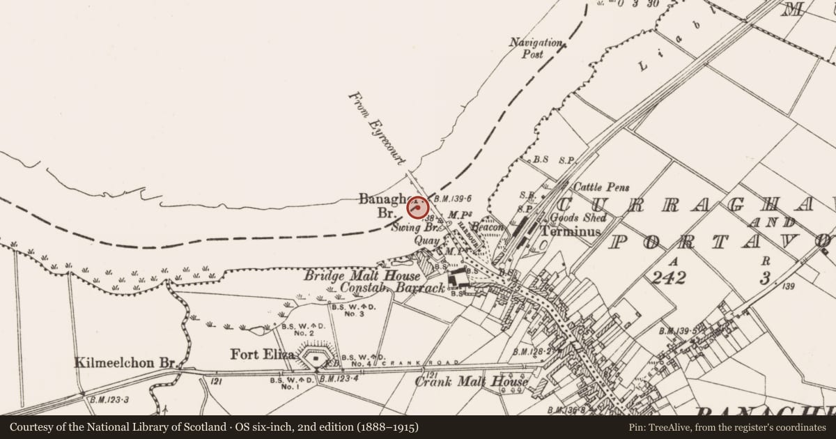Ordnance Survey six-inch map, 2nd edition (1888–1915) covering the location of Bridge, Curraghavarna And Portavrolla, Kylebeg Or Banagher, County Offaly, with a pin at the register's coordinates