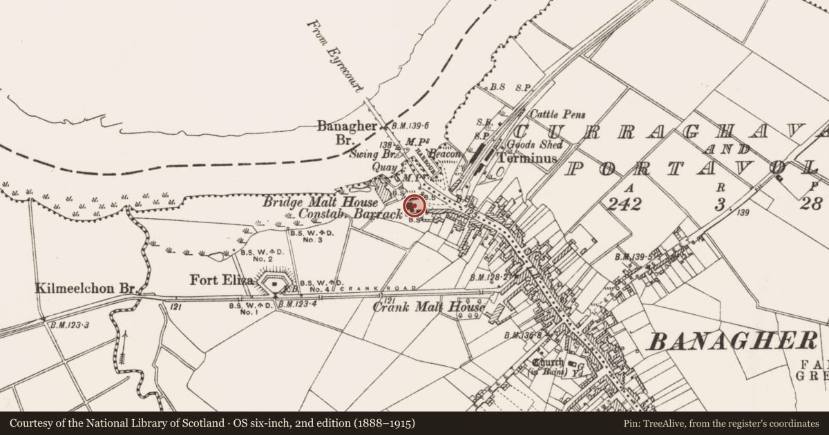 Ordnance Survey six-inch map, 2nd edition (1888–1915) covering the location of Castle - unclassified, Kylebeg Or Banagher, County Offaly, with a pin at the register's coordinates
