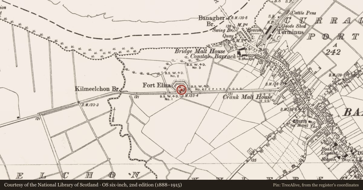 Ordnance Survey six-inch map, 2nd edition (1888–1915) covering the location of Architectural fragment, Kylebeg Or Banagher, County Offaly, with a pin at the register's coordinates