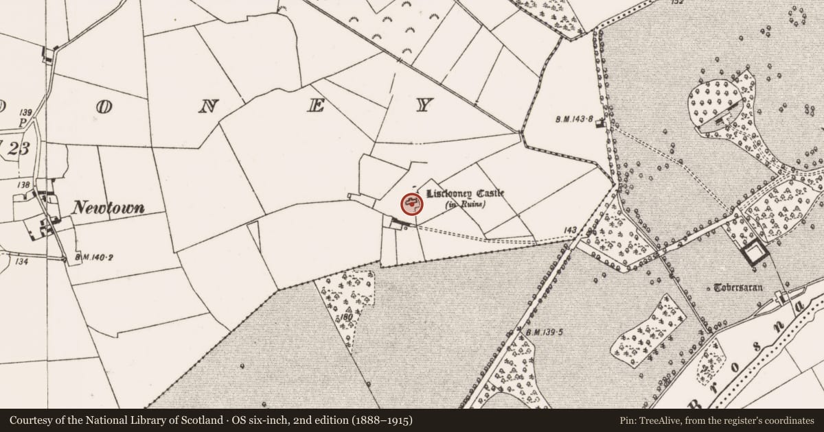 Ordnance Survey six-inch map, 2nd edition (1888–1915) covering the location of House - fortified house, Lisclooney, County Offaly, with a pin at the register's coordinates