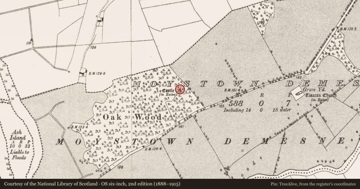 Ordnance Survey six-inch map, 2nd edition (1888–1915) covering the location of Bawn, Moystown Demesne, County Offaly, with a pin at the register's coordinates
