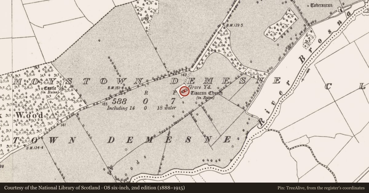Ordnance Survey six-inch map, 2nd edition (1888–1915) covering the location of Church, Moystown Demesne, County Offaly, with a pin at the register's coordinates